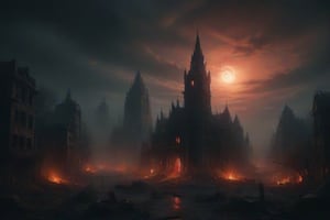 The city of yharnam, oil painting, Red moon, realistic, extreme detail, scary, terrifying, dark and warm environment, 8k, Epic, (Use Dream Diffusion Secret Prompt), UHD