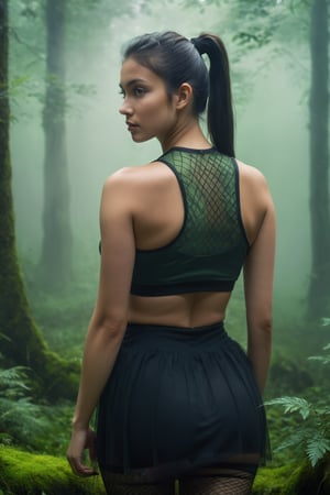 ((masterpiece)), ((best quality)), 8k, high detailed, ultra-detailed, A young woman standing in a misty forest, ((dark hair in a ponytail)), black crop top, black skirt, fishnet stockings, gazing over shoulder, mist, ethereal rays of light, verdant forest backdrop, subtle expression of curiosity
