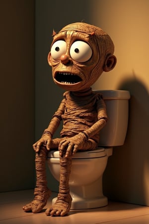 2.5D animation of an Egyptian mummy on a toilet without paper, surprised facial expression, very elaborate and detailed, very fine details, very contrasting shadows, strong side lighting