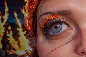 Frontal closeup photograph of an eye, where a fiery volcano eruption with molten lava and dark ash clouds is vividly depicted within the iris, yet the eye's natural texture and form are preserved