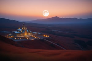 "A surreal, futuristic landscape at dusk with a massive, luminous golden moon dominating the sky, casting a warm glow over everything. The moon should be sharp, detailed, and prominent in the foreground. The background should transition into an abstract, painterly environment featuring indistinct forms and shapes suggesting a Tibetan monastery, rendered in a loose, impressionistic style to emphasize mood and atmosphere over detailed realism. The atmosphere should be hazy and diffuse, with the haze or fog being whiter, creating an ethereal and somewhat dystopian feel. Use balanced colors primarily from a palette of grays, blues, and greens to create depth and atmosphere, while incorporating rust-orange, rust-red, rust-brown, rust-yellow, rust-gold, rust-gray, rust-beige, rust-copper, rust-tan, burnt sienna, raw umber, burnt umber, and yellow ochre for accents. These earthy tones should depict worn, weathered, and aged appearances. Incorporate small, distinct accents of rusty orange-yellows and rusty teals to highlight specific areas and enhance visual interest. Ensure the painting blends impressionism and abstraction seamlessly, creating a rich, immersive setting. Utilize Unreal Engine, Octane Render, Hyper Realistic, Cinematic, Epic, and Matte Painting techniques to achieve a high-quality, detailed, and visually striking result."