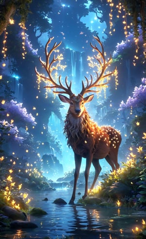 (best illustration), (best shadow), glowing elf with a glowing deer, drinking water in the pool, natural elements in forest theme. Mysterious forest, beautiful forest, nature, surrounded by flowers, delicate leaves and branches surrounded by fireflies (natural elements), (jungle theme), (leaves), (branches), (fireflies), (particle effects) and other 3D, Octane rendering, ray tracing, super detailed ,deer