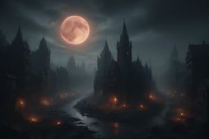 The city of yharnam, oil painting, Red moon, realistic, extreme detail, scary, terrifying, dark and warm environment, 8k, Epic, (Use Dream Diffusion Secret Prompt), UHD