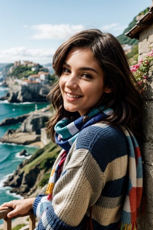 "Generate an image of a Spanish woman from the Basque country in the north, radiating beauty and strength, set against the picturesque backdrop of the rugged coastline or verdant hills of the Basque region. Adorn her with a warm and inviting smile that reflects the hospitality and resilience of Basque culture. Dress her in elegant yet practical attire that reflects the region's maritime heritage and mountainous terrain, whether it's a comfortable sweater paired with jeans or a stylish dress that captures the essence of Basque fashion. Let her hair flow freely in the breeze or styled in loose waves, echoing the untamed beauty of the Basque landscape. Adorn her with accessories that reflect her connection to the land and sea, such as a handcrafted necklace made from local materials or a scarf adorned with traditional Basque patterns. Set the scene against the breathtaking backdrop of the Basque countryside or coastline, with its dramatic cliffs, lush greenery, and charming villages nestled against the rugged terrain. Capture the spirit of her independence and resilience, inviting viewers to experience the natural beauty and cultural richness of the Basque country through her eyes."