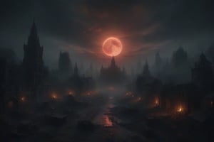 The city of yharnam, oil painting, Red moon, realistic, extreme detail, scary, terrifying, dark and warm environment, 8k, Epic, (Use Dream Diffusion Secret Prompt), UHD