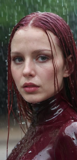 A close-up shot of the subject's face is framed by her luscious, wet locks, which cascade down her porcelain skin like a velvet curtain. The burgundy latex jumpsuit hugs her curves, glistening with raindrops that create tiny diamonds on its surface. Her gaze is introspective, eyes cast downward as she stands beneath the torrential downpour.