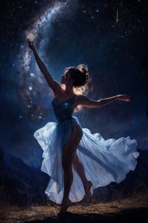 Starlight dancer A graceful figure, her body adorned with intricate constellations, dancing among the stars, her movements leaving trails of light in the cosmic darkness.
