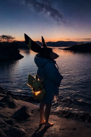 Pikachu, the beloved electric-type Pokémon, stands poised and charming on a tranquil twilight beach. Its vibrant yellow fur contrasts beautifully with the deep blues and purples of the twilight sky, and its iconic features—long ears with black tips, bright round cheeks, and a zigzag tail—are silhouetted against the serene backdrop. Pikachu is adorned in a mystical translucent yellow raincoat, sparkling as though touched by remnants of a summer shower. The coat, featuring its own ear cutouts to accommodate Pikachu's distinct profile, is secured with a white zipper and graced with a dark yellow patch embellishing Pikachu's silhouette.
The setting around Pikachu adds to the image's magical allure. The sky, scattered with emerging stars, fades from the warmth of the last daylight into the embrace of night. Below, the calm sea mirrors the sky's majestic palette, disturbed only by the gentle lapping of waves that caress Pikachu's feet. The wet sand beneath reflects both the soft glow of Pikachu and the ambient light from above, creating a dance of shimmering reflections that envelop the scene in a cocoon of wonder and tranquility. This composition captures a moment where nature's beauty converges with the charm of an icon, crafting a narrative of peacefulness and enchantment.