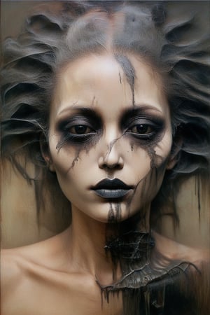 Scumbling painting of a woman with black makeup on her face, no eyes, roughly painted skin, messy paint strokes, by Bastien L. Deharme, gothic art, style of Ashley Wood, bronze and black metal, Sakimichan Frank Franzzeta, beautiful portrait of a hopeless, Ruan Jia and Joao Ruas, watercolors and oil on canvas