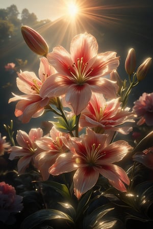 Masterpiece, Professional, Top Quality, High Resolution, High Detail, Perfect Detail,fantasy art. ., lily , lilies, backlight of sun, backlight
