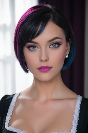 Close-up shot of a stunning 1-girl solo portrait, featuring a beautiful face with piercing blue eyes and pink lips. Her raven-black bob-cut hair is styled to perfection, framing her striking features. A delicate purple eyeliner accentuates her gaze. She wears a maid uniform, complete with maid clothes, and sparkly earrings catch the light. The subject's confident gaze directly meets the viewer's, as if daring them to look away. The masterpiece is captured in exceptional HDR (5000 dpi) quality, utilizing professional studio lighting that highlights every detail. A hint of underboob is visible beneath her crisp white shirt, adding a touch of allure.