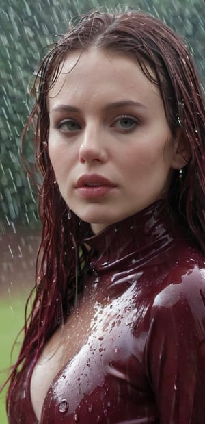 A close-up shot of the subject's face is framed by her luscious, wet locks, which cascade down her porcelain skin like a velvet curtain. The burgundy latex jumpsuit hugs her curves, glistening with raindrops that create tiny diamonds on its surface. Her gaze is introspective, eyes cast downward as she stands beneath the torrential downpour.