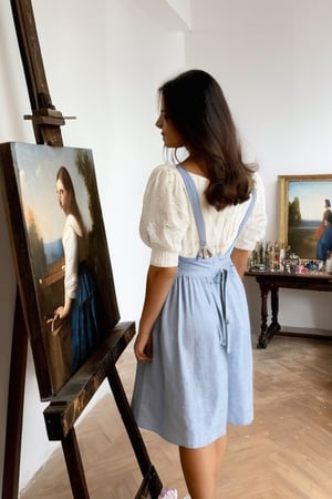 An artist studio with many masterpiece paintings,best quality,masterpiece,a girl  take a look in the room