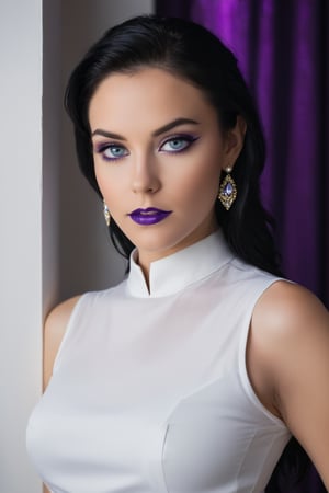 Golden softbox lights dance across the subject's porcelain complexion as she strikes a confident gaze, piercing blue eyes meeting the viewer's with unwavering intensity. Raven-black hair falls in sleek waves around her face, accentuating the delicate purple eyeliner that adds depth to her striking features. Maid uniform and sparkly earrings shine against the crisp white shirt, hinting at underboob as she stands firm, daring onlookers to look away.