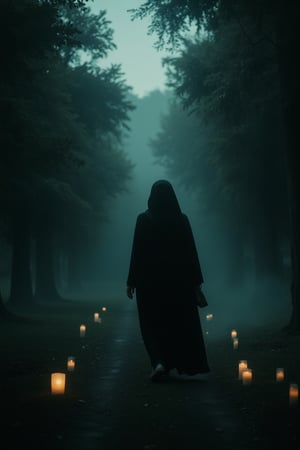 WITCH A lone witch glows with an eerie luminescence as she walks along a misty, moonlit path. The darkness surrounding her is punctuated only by the faintly flickering candles and the whispering wind. Her long black robes billow behind her like a dark cloud, as if absorbing the shadows. With eyes aglow like embers, she paces deliberately, lost in thought or conjuring ancient spells.,impian