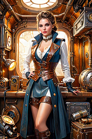 detailed full-length picture, masterpiece, best quality, ultra high resolution, visually stunning, beautiful, award-winning art (abstract art:1.3), beautiful ))), oil painting, 
a beautiful young A steampunk beauty, clad in a leather vest and captain's frock coat, lounges in her underground smuggling den, surrounded by the latest contraband and gadgets., a detailed face, the whole body, perfect eyes, full height, short heir style, Watercolor, trending on artstation, sharp focus, studio photo, intricate details, highly detailed, by greg rutkowski, more detail XL, hyper detailed, realistic, oil painting, by julie bell, frank frazetta, cinematic lighting, ultra hd, realistic, vivid colors, highly detailed, UHD drawing, pen and ink, perfect composition, beautiful detailed intricate insanely detailed octane render trending on artstation, 8k artistic photography, photorealistic concept art, soft natural volumetric cinematic perfect light