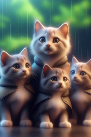 Hyper-detailed  painting, Jean-Baptiste Monge style, a gang of cute little kittens gathered in the rain  under an single black long raincoat, splash, glittering, cute and adorable, filigree, lights, fluffy, magic, surreal, fantasy, digital art, ultra hd, hyper-realistic illustration, vivid colors,  UHD, cinematic perfect light,greg rutkowski,<lora:659095807385103906:1.0>