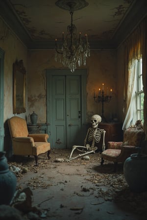 In a cramped, dimly lit chamber, a lone skeleton sits amidst the decaying remnants of a bygone era. A single, flickering light source casts long shadows across the walls, where peeling wallpaper clings to the bone. Faded furniture and a dusty chandelier lay scattered, as if abandoned in haste. The camera zooms in tight, bathing the scene in a low-key glow that accentuates the eerie atmosphere. Cobweb-covered candelabras, cracked vases, and torn tapestries fill the frame, exuding an aura of foreboding dread. The air is heavy with the weight of forgotten memories, as if the very room itself holds secrets it refuses to yield.