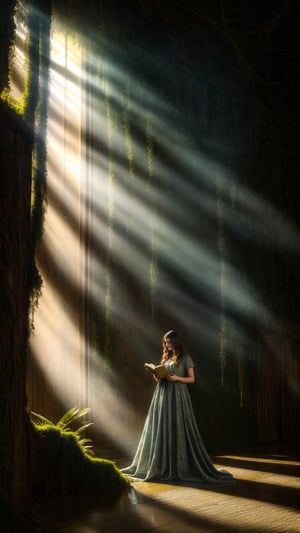 A secret passage winds through towering bookshelves,sunlight filtering through moss-covered walls. A woman in a flowing fern-patterned dress emerges,her fingers brushing ancient tomes,whispers of forgotten stories clinging to the air. Eerie,adventurous,high resolution,ViNtAgE,photorealistic,Masterpiece