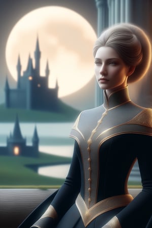 Elegantism, opulent scene, full portrait of a Victorian lady, heroic, black clothes, gold trim, full moon, castle, head and shoulders portrait, 8k resolution. (masterpiece, top quality, best quality, official art, beautiful and aesthetic:1.2), (1girl:1.4), upper body, blonde hair, portrait, extreme detailed, in the style of esao andrews,<lora:659095807385103906:1.0>