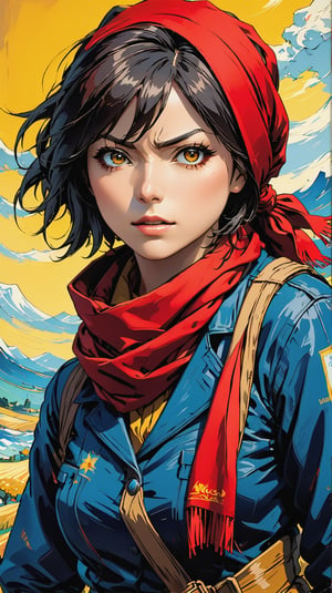 mikasa ackerman in the style of vincent van gogh, portrait, aggresive, extreme detail, anime, wearing a red scarf, yellow background