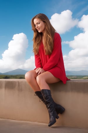 1girl, solo, long hair, blonde hair, boots, sky, day, cloud, scenery