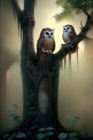 A whimsical scene unfolds as a pair of owls and hedgehogs sit together on a lush branch of an ancient tree. Soft golden light filters through the leaves, casting dappled shadows on their faces. The owls' wise eyes gaze down at the hedgehogs' prickly forms, while the hedgehogs' curious snouts tilt up to meet the owls' solemn expressions.
