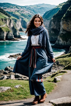 "Generate an image of a Spanish woman from the Basque country in the north, radiating beauty and strength, set against the picturesque backdrop of the rugged coastline or verdant hills of the Basque region. Adorn her with a warm and inviting smile that reflects the hospitality and resilience of Basque culture. Dress her in elegant yet practical attire that reflects the region's maritime heritage and mountainous terrain, whether it's a comfortable sweater paired with jeans or a stylish dress that captures the essence of Basque fashion. Let her hair flow freely in the breeze or styled in loose waves, echoing the untamed beauty of the Basque landscape. Adorn her with accessories that reflect her connection to the land and sea, such as a handcrafted necklace made from local materials or a scarf adorned with traditional Basque patterns. Set the scene against the breathtaking backdrop of the Basque countryside or coastline, with its dramatic cliffs, lush greenery, and charming villages nestled against the rugged terrain. Capture the spirit of her independence and resilience, inviting viewers to experience the natural beauty and cultural richness of the Basque country through her eyes."
