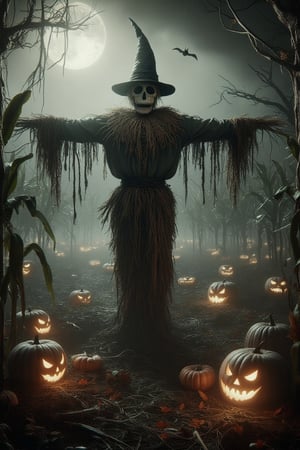 scarecrow,,ancient,mysterious,(masterpiece,detailed, best quality),field of corn, dark fantasy, Clean lines,geometric shapes,DarkHalloween