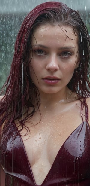 A close-up shot of the subject's face is framed by her luscious, wet locks, which cascade down her porcelain skin like a velvet curtain. The burgundy latex jumpsuit hugs her curves, glistening with raindrops that create tiny diamonds on its surface. Her gaze is introspective, eyes cast downward as she stands beneath the torrential downpour.