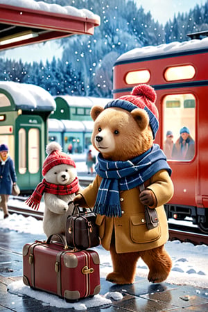 masterpiece, (photorealistic:1.4), 2 bears, walking, realistic, hat, ((holding)), standing, bag, scarf, blurry, coat, no humans, depth of field, blurry background, animal, bea walking, realistic, beanie, winter clothes, ((UK style clothes)), animal focus, suitcase, clothed animal, falling_snow, at train station,