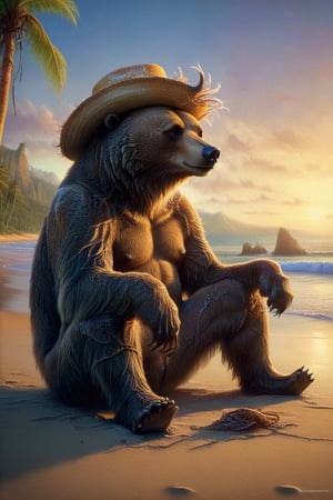 A majestic grizzly bear lounges on a sun-kissed beach, adorned in a vibrant Hawaiian shirt and shorts, its rugged fur contrasting with the tropical attire. A Copa hat sits atop its furry head, held in place by a few wayward strands of hair. The warm golden light of the setting sun casts a flattering glow over the scene, highlighting the bear's imposing presence amidst the tranquil beach landscape.