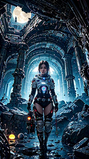 An otherworldly landscape bathed in the soft, ethereal light of multiple moons, where a(( girl in a futuristic spacesuit)) gazes up in wonder, surrounded by floating islands and ancient, mysterious ruins.