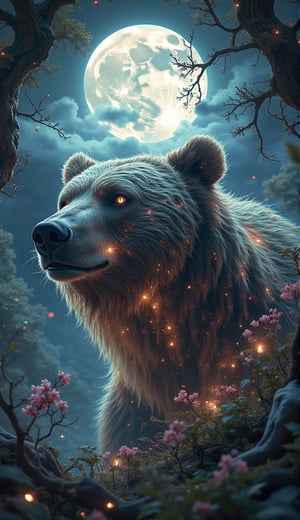 A surreal realm unfolds as a majestic glowing crystal full moon hangs low in the sky, casting an ethereal glow on a bear's mystical form. Delicate, dynamic textures BREAK forth from the bear's fur, contrasting with the soft, lunar light and deep shadows that dance across its face. The 2.5D composition draws the viewer in, as if stepping into this hyper-realistic, digitally crafted world of fantasy. Every detail, from the whiskers to the moon's gentle curve, is ultra-detailed and crystal-clear, a testament to artistic photography and digital mastery.