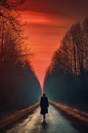 A complex horror film,a nightmare,a ((beautiful european woman)) walking down a straight road,dead trees on both sides,moldy and rotten earth,blood-red sunset,cinematography,raw photographs,Grzegorz. Rosinski,Gabriele Delotto,ambient lighting,beautiful and aesthetic,beautiful detailed intricate insanely detailed octane render trending,best quality,bright and intense,cinematic shot,exquisite details and textures,Full-Body,hdr,high contrast,highly detailed,masterpiece,perfect composition,photo-Realistic,raw photo,realistic,sidelighting,soft natural volumetric cinematic perfect light,ultra hd,vibrant color,vivid colors,warm tone