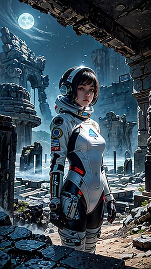 An otherworldly landscape bathed in the soft, ethereal light of multiple moons, where a(( girl in a futuristic spacesuit)) gazes up in wonder, surrounded by floating islands and ancient, mysterious ruins.
