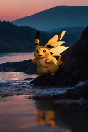 Pikachu, the beloved electric-type Pokémon, stands poised and charming on a tranquil twilight beach. Its vibrant yellow fur contrasts beautifully with the deep blues and purples of the twilight sky, and its iconic features—long ears with black tips, bright round cheeks, and a zigzag tail—are silhouetted against the serene backdrop. Pikachu is adorned in a mystical translucent yellow raincoat, sparkling as though touched by remnants of a summer shower. The coat, featuring its own ear cutouts to accommodate Pikachu's distinct profile, is secured with a white zipper and graced with a dark yellow patch embellishing Pikachu's silhouette.
The setting around Pikachu adds to the image's magical allure. The sky, scattered with emerging stars, fades from the warmth of the last daylight into the embrace of night. Below, the calm sea mirrors the sky's majestic palette, disturbed only by the gentle lapping of waves that caress Pikachu's feet. The wet sand beneath reflects both the soft glow of Pikachu and the ambient light from above, creating a dance of shimmering reflections that envelop the scene in a cocoon of wonder and tranquility. This composition captures a moment where nature's beauty converges with the charm of an icon, crafting a narrative of peacefulness and enchantment.