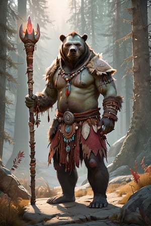 A majestic male bear skin orc shaman stands proudly, his red-tinged skin glistening in the soft light. He holds a staff, his eyes fixed straight ahead as he surveys the landscape. His full body, including legs, is showcased against a simple, white background, with a subtle texture reminiscent of watercolor. The medieval-inspired scene features muted pastel colors, with intricate details and high-quality textures that pop in 8K resolution. The overall atmosphere is serene, inviting the viewer to step into this mystical world.