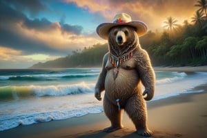 Una foto donde sale un oso grande con una vestimenta de camisa hawaiana y pantaloneta hawaiana con un sombrero copa en la playa