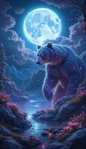 A surreal realm unfolds as a majestic glowing crystal full moon hangs low in the sky, casting an ethereal glow on a bear's mystical form. Delicate, dynamic textures BREAK forth from the bear's fur, contrasting with the soft, lunar light and deep shadows that dance across its face. The 2.5D composition draws the viewer in, as if stepping into this hyper-realistic, digitally crafted world of fantasy. Every detail, from the whiskers to the moon's gentle curve, is ultra-detailed and crystal-clear, a testament to artistic photography and digital mastery.