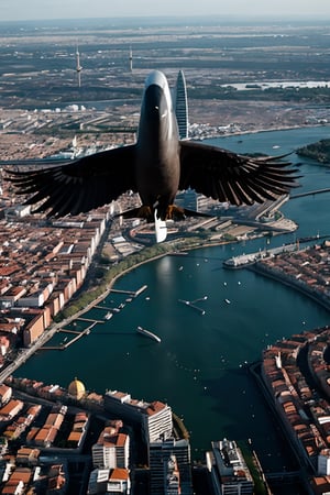 delfín gigante volando en una gran ciudad