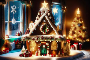 A gingerbread house with a gingerbread man with large snowflakes falling in the background. #Christmas,Christmas Room