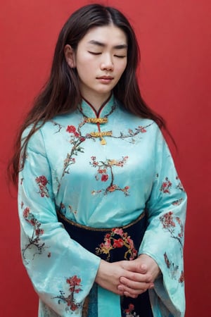 A Chinese ancient beauty is praying, with hands clasped together, eyes closed in silence, wearing a solemn yet beautiful expression, Red Background