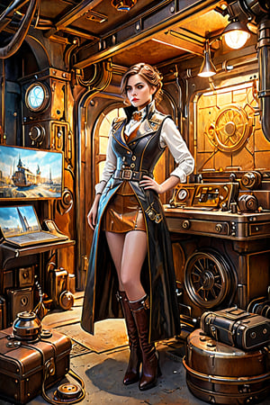 detailed full-length picture, masterpiece, best quality, ultra high resolution, visually stunning, beautiful, award-winning art (abstract art:1.3), beautiful ))), oil painting, 
a beautiful young A steampunk beauty, clad in a leather vest and captain's frock coat, lounges in her underground smuggling den, surrounded by the latest contraband and gadgets., a detailed face, the whole body, perfect eyes, full height, short heir style, Watercolor, trending on artstation, sharp focus, studio photo, intricate details, highly detailed, by greg rutkowski, more detail XL, hyper detailed, realistic, oil painting, by julie bell, frank frazetta, cinematic lighting, ultra hd, realistic, vivid colors, highly detailed, UHD drawing, pen and ink, perfect composition, beautiful detailed intricate insanely detailed octane render trending on artstation, 8k artistic photography, photorealistic concept art, soft natural volumetric cinematic perfect light