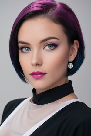 Close-up shot of a stunning 1-girl solo portrait, featuring a beautiful face with piercing blue eyes and pink lips. Her raven-black bob-cut hair is styled to perfection, framing her striking features. A delicate purple eyeliner accentuates her gaze. She wears a maid uniform, complete with maid clothes, and sparkly earrings catch the light. The subject's confident gaze directly meets the viewer's, as if daring them to look away. The masterpiece is captured in exceptional HDR (5000 dpi) quality, utilizing professional studio lighting that highlights every detail. A hint of underboob is visible beneath her crisp white shirt, adding a touch of allure.