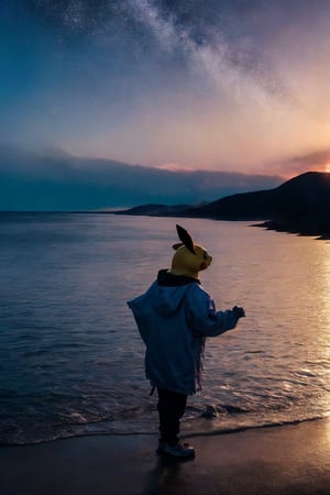 Pikachu, the beloved electric-type Pokémon, stands poised and charming on a tranquil twilight beach. Its vibrant yellow fur contrasts beautifully with the deep blues and purples of the twilight sky, and its iconic features—long ears with black tips, bright round cheeks, and a zigzag tail—are silhouetted against the serene backdrop. Pikachu is adorned in a mystical translucent yellow raincoat, sparkling as though touched by remnants of a summer shower. The coat, featuring its own ear cutouts to accommodate Pikachu's distinct profile, is secured with a white zipper and graced with a dark yellow patch embellishing Pikachu's silhouette.
The setting around Pikachu adds to the image's magical allure. The sky, scattered with emerging stars, fades from the warmth of the last daylight into the embrace of night. Below, the calm sea mirrors the sky's majestic palette, disturbed only by the gentle lapping of waves that caress Pikachu's feet. The wet sand beneath reflects both the soft glow of Pikachu and the ambient light from above, creating a dance of shimmering reflections that envelop the scene in a cocoon of wonder and tranquility. This composition captures a moment where nature's beauty converges with the charm of an icon, crafting a narrative of peacefulness and enchantment.