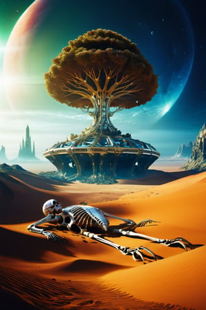 Diamond tree on alien planet, skeleton of gigantic creature lying on the ground
