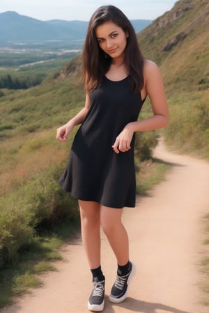 beautiful cute young attractive indian girl, village girl, 24 years old, cute,  Instagram model, long black_hair, colorful hair, warm, hiking mountain, wearing sports dress