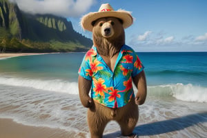 Una foto donde sale un oso grande con una vestimenta de camisa hawaiana y pantaloneta hawaiana con un sombrero copa en la playa