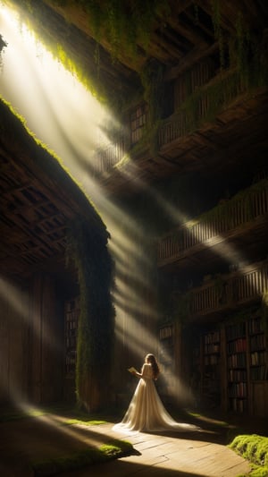 A secret passage winds through towering bookshelves,sunlight filtering through moss-covered walls. A woman in a flowing fern-patterned dress emerges,her fingers brushing ancient tomes,whispers of forgotten stories clinging to the air. Eerie,adventurous,high resolution,ViNtAgE,photorealistic,Masterpiece